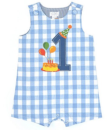 Image of Mud Pie Baby Boys 12-18 Months Sleeveless 1st Birthday Checked Shortall Jon Jon