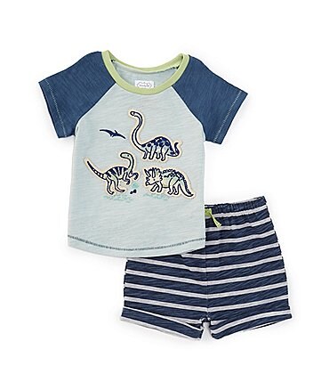 Image of Mud Pie Baby Boys 12-24 Months Raglan-Sleeve Dinosaur-Appliqued Color Block T-Shirt & Striped Short Set