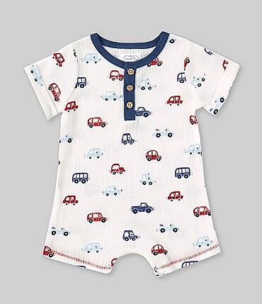 Image of Mud Pie Baby Boys 3-12 Months Short Sleeve Car Print Waffle-Weave Shortall