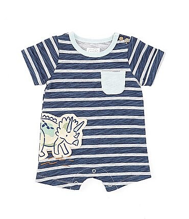 Image of Mud Pie Baby Boys 3-12 Months Short Sleeve Dinosaur-Appliqued Striped Shortall