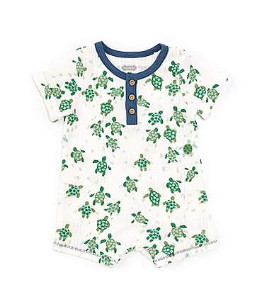 Image of Mud Pie Baby Boys 3-12 Months Short Sleeve Turtle Tracks Waffle-Weave Shortall