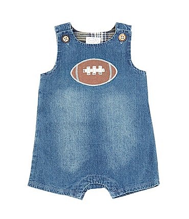 Image of Mud Pie Baby Boys 3-12 Months Sleeveless Football Denim Shortall