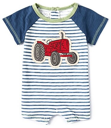 Image of Mud Pie Baby Boys 3-18 Months Raglan-Sleeve Striped/Solid Tractor-Appliqued Shortall