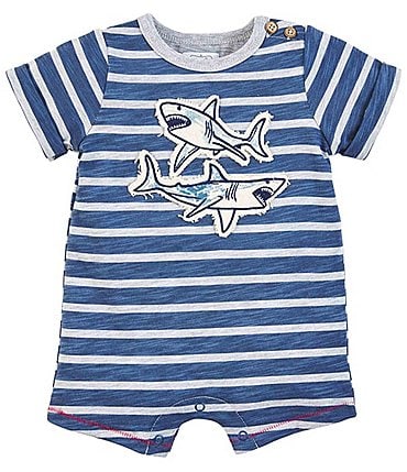 Image of Mud Pie Baby Boys 3-18 Months Short-Sleeve Striped Shark-Applique Shortall