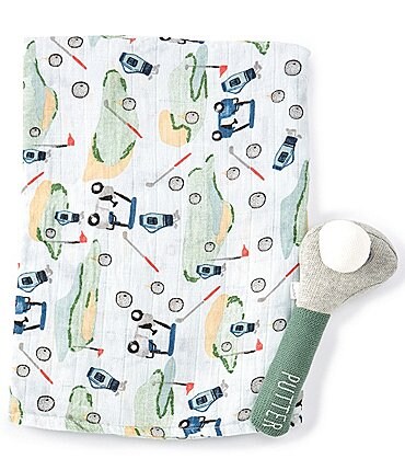 Image of Mud Pie Baby Boys Golf Muslin Swaddle Blanket & Rattle Gift Set