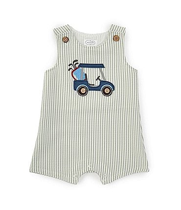 Image of Mud Pie Baby Boys Newborn-18 Months Sleeveless Striped Golf Cart Applique Seersucker Shortall