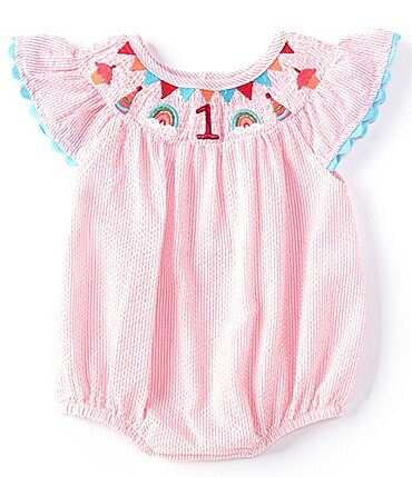 Image of Mud Pie Baby Girls 12-18 Months Flutter-Sleeve 1st Birthday Embroidered Smocked Seersucker Stripe Bodysuit