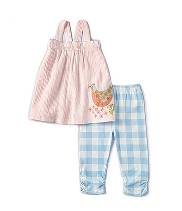 Image of Mud Pie Baby Girls 12-18 Months Sleeveless Chicken-Appliqued Tunic & Checked Capri Leggings Set