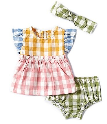 Image of Mud Pie Baby Girls 3-12 Months Flutter-Sleeve Gingham-Checked Pinafore Top & Bloomer and Headband Set