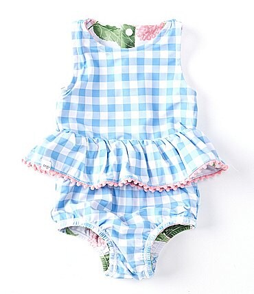 Image of Mud Pie Baby Girls 3-18 Months Hydrangea/Gingham Reversible Two-Piece Swimsuit & Headband Set