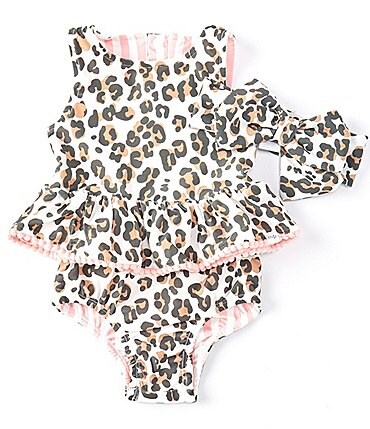 Image of Mud Pie Baby Girls 3-18 Months Leopard to Stripe Reversible Two-Piece Peplum Swimsuit & Bow Headband Set