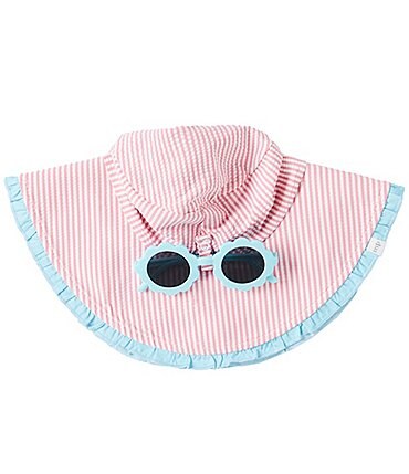 Image of Mud Pie Baby Girls 6-12 Months Striped Seersucker Bucket Hat & Coordinating Sunglasses Set