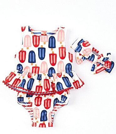 Image of Mud Pie Baby Girls 6-18 Months Popsicle-Printed/Striped Reversible Two-Piece Swimsuit & Bow Headband Set