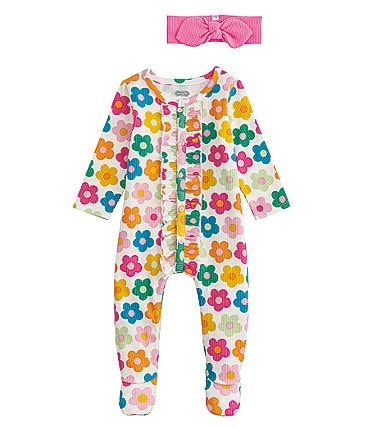 Image of Mud Pie Baby Girls Flower Print Sleeper With Matching Headband