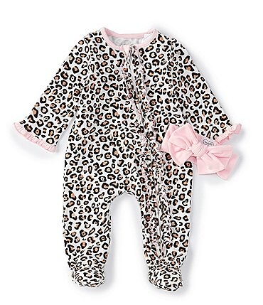 Image of Mud Pie Baby Girls Newborn-6 Months Long-Sleeve Leopard-Printed Footed Coverall