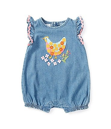 Image of Mud Pie Baby Girls Newborn-9 Months Flutter-Sleeve Chicken-Appliqued Denim Romper