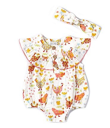 Image of Mud Pie Baby Girls Newborn-9 Months Flutter-Sleeve Floral/Chicken-Printed Bubble Romper