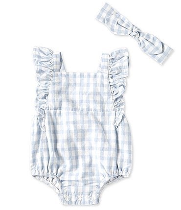 Image of Mud Pie Baby Girls Newborn-9 Months Flutter-Sleeve Gingham-Printed Bubble Romper
