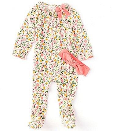 Image of Mud Pie Baby Girls Newborn-9 Months Long-Sleeve Floral-Printed Footed Coverall