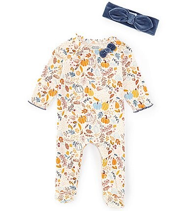 Image of Mud Pie Baby Girls Newborn-9 Months Long-Sleeve Floral/Pumpkin-Printed Footie Coverall