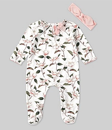 Image of Mud Pie Baby Girls Newborn-9 Months Long-Sleeve Magnolia-Printed Footie Coverall