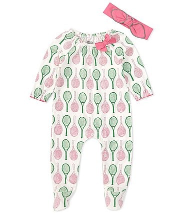 Image of Mud Pie Baby Girls Newborn-9 Months Long Sleeve Tennis Themed Footie Coverall