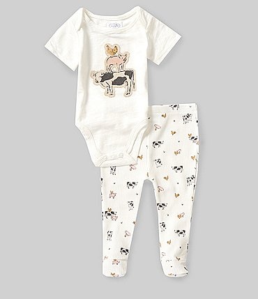 Image of Mud Pie Baby Girls Newborn-9 Months Short-Sleeve Farm Friends Slub-Knit Bodysuit & Allover Printed Waffle-Weave Footed Pant Set
