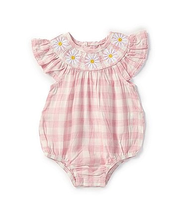 Image of Mud Pie Baby Girls Newborn-9 Months Short-Sleeve Gingham-Printed Daisy-Embroidered Bubble Romper