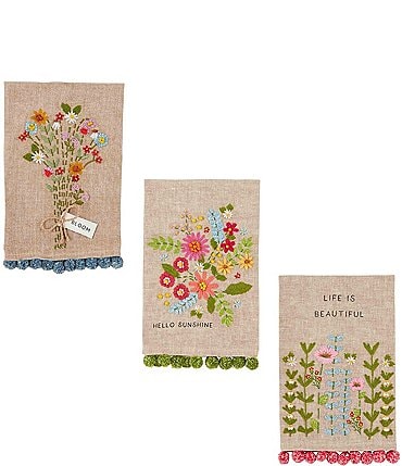 Image of Mud Pie Botanica Floral Embroidery Pom Hand Towels, Set of 3