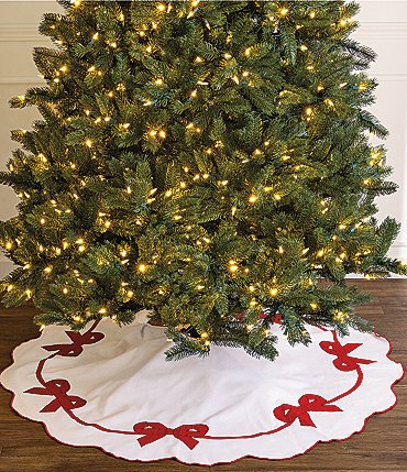 Image of Mud Pie Candy Cane Lane Collection Embroidered Appliqued Red Bow Tree Skirt