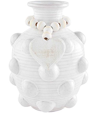 Image of Mud Pie Classic Home Collection White Etched Bead Decor with Heart Pendant Glazed Vase