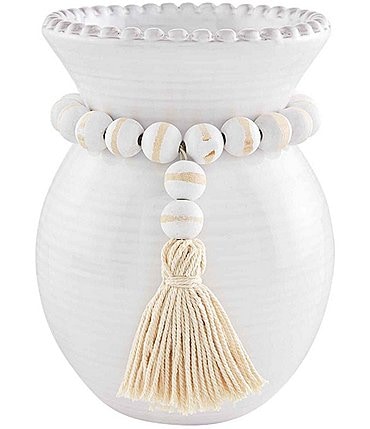 Image of Mud Pie Classic Home Collection White Etched Bead with Decor Tassel Glazed Vase