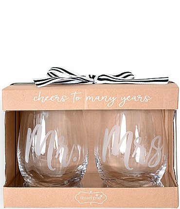Image of Mud Pie Etched Mr and Mrs Stemless Wine Glasses, Set of 2