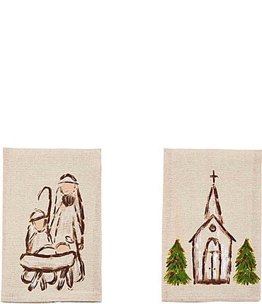 Image of Mud Pie Farmhouse Christmas Church Nativity Painted Towel Set