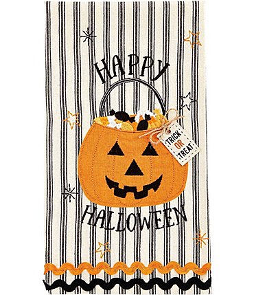 Image of Mud Pie Halloween Black Stripe Applique Pumpkin Towel