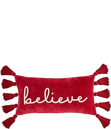 Image of Mud Pie Holiday Collection Believe Embroidered & Tasseled Velvet Pillow