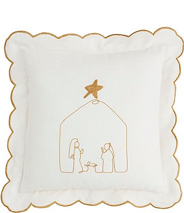 Image of Mud Pie Holiday Collection Embroidered Gold Scalloped Nativity Pillow