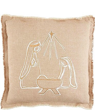 Image of Mud Pie Holiday Collection Handpainted Nativity Fringed Pillow