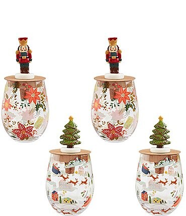 Image of Mud Pie Holiday Poinsettia and Sleigh Wine Glasses, Set of 4