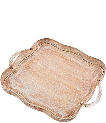 Image of Mud Pie Scalloped Rustic Handled Beaded Wood Tray