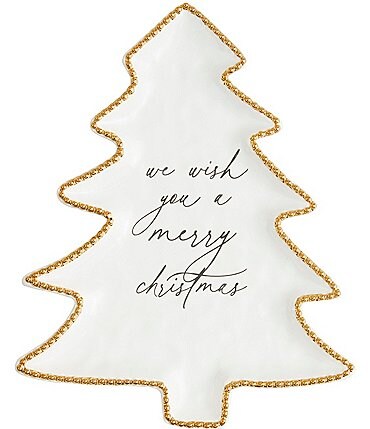 Image of Mud Pie Silver Bells Collection Christmas Tree Gold Beaded Rim Platter