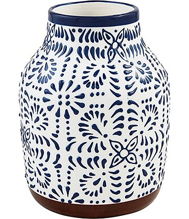 Image of Mud Pie Valencia Collection Hand Painted Blue Floral Motif Medium Decor Vase