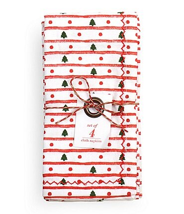 Image of Mud Pie Whimsy-Holly-Jolly White with Red Lines & Dots Napkins, Set of 4