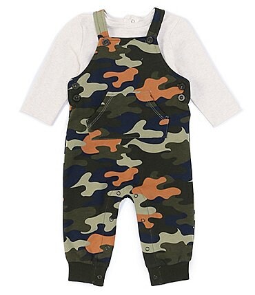 Image of Little Me Baby Boys 3-12 Months Sleeveless Camouflage-Printed Overalls & Long-Sleeve Solid Tee Set
