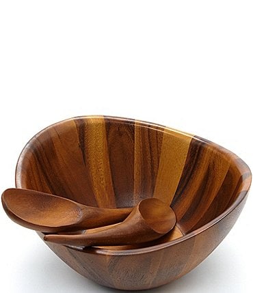 Image of Nambe Harmony Acacia Wood Salad Bowl with Servers Set