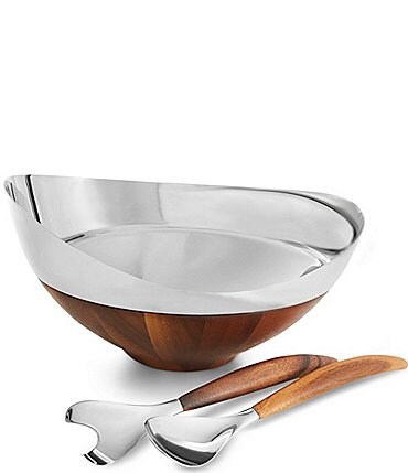 Image of Nambe Pulse Stainless Steel and Wood Salad Bowl with Servers