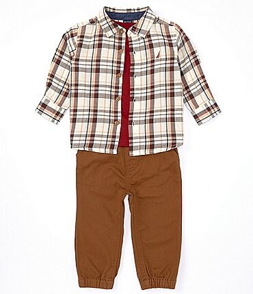 Image of Nautica Baby Boys 12-24 Months Long Sleeve Plaid Button-Up Woven Shirt, Short Sleeve Knit Red T-Shirt & Twill Jogger Pants Set