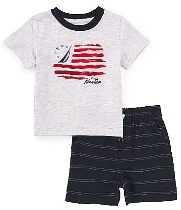 Image of Nautica Baby Boys 12-24 Months Short Sleeve Flag/Logo Americana Graphic Jersey T-Shirt & Yarn-Dyed-Striped Oxford Shorts Set