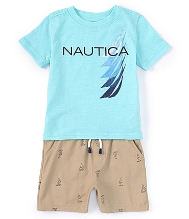 Image of Nautica Baby Boys 12-24 Months Short Sleeve Logo Jersey T-Shirt & Printed Microsuede Twill Shorts