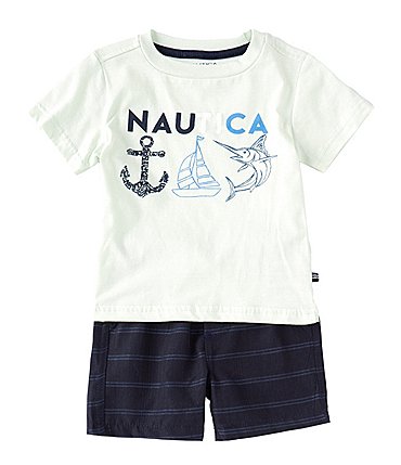 Image of Nautica Baby Boys 12-24 Months Short-Sleeve Logo Jersey Tee & Yarn-Dyed-Stripe Oxford Shorts Set